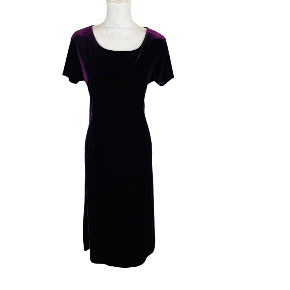 Hillard & Hanson Sz 12 Velvet Midi Back Tie Slit Stretch Purple Dress